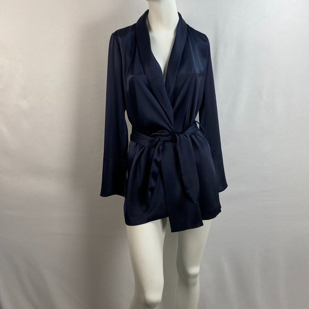NANUSHKA Small Navy Blue satin mini wrap front kimono dress